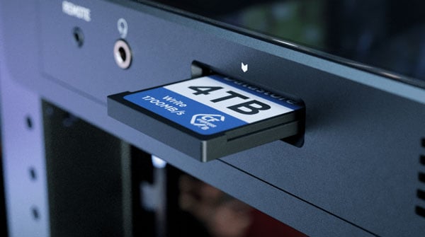close up of a cfexpress card inserted into the atomos shogun