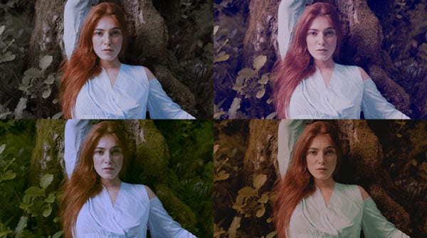 example of 4 different LUTS on an image of a woman leant aginst a tree