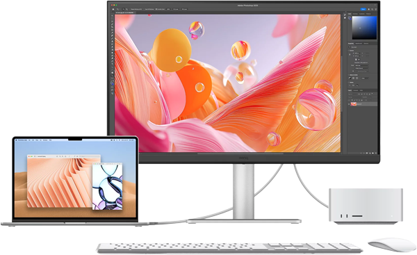 benq monitor connected to a macbook and mac studio using the built-in KVM switch feature