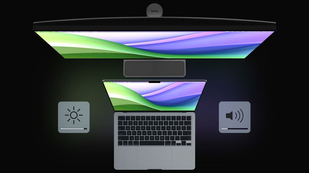 top down view of a macbook in front of the benq monitor showing the same image and brightness settings