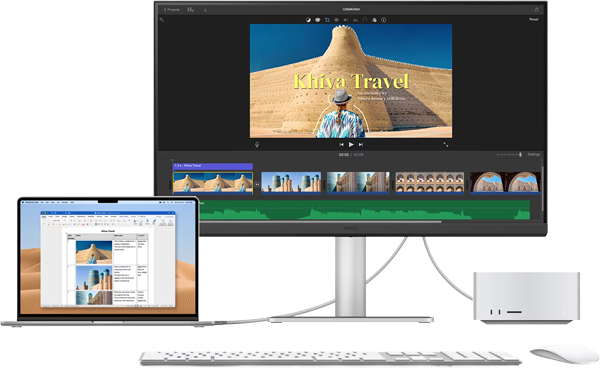 benq monitor connected to a macbook and mac studio controlled via the kvm switch