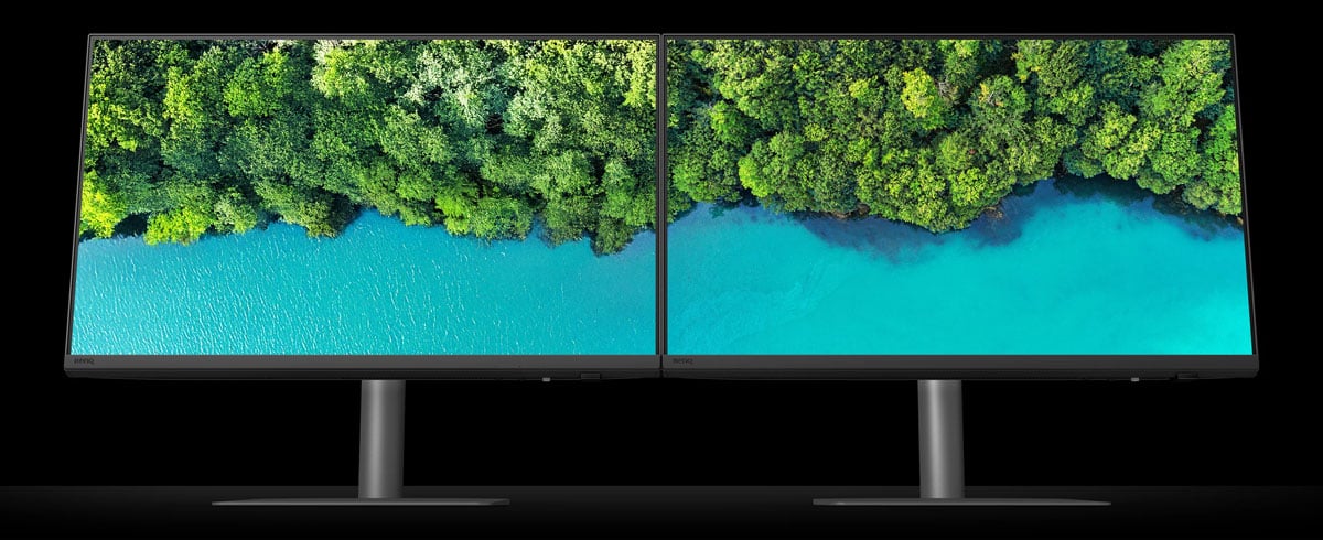 two benq monitors side by side showing the same image across both screens