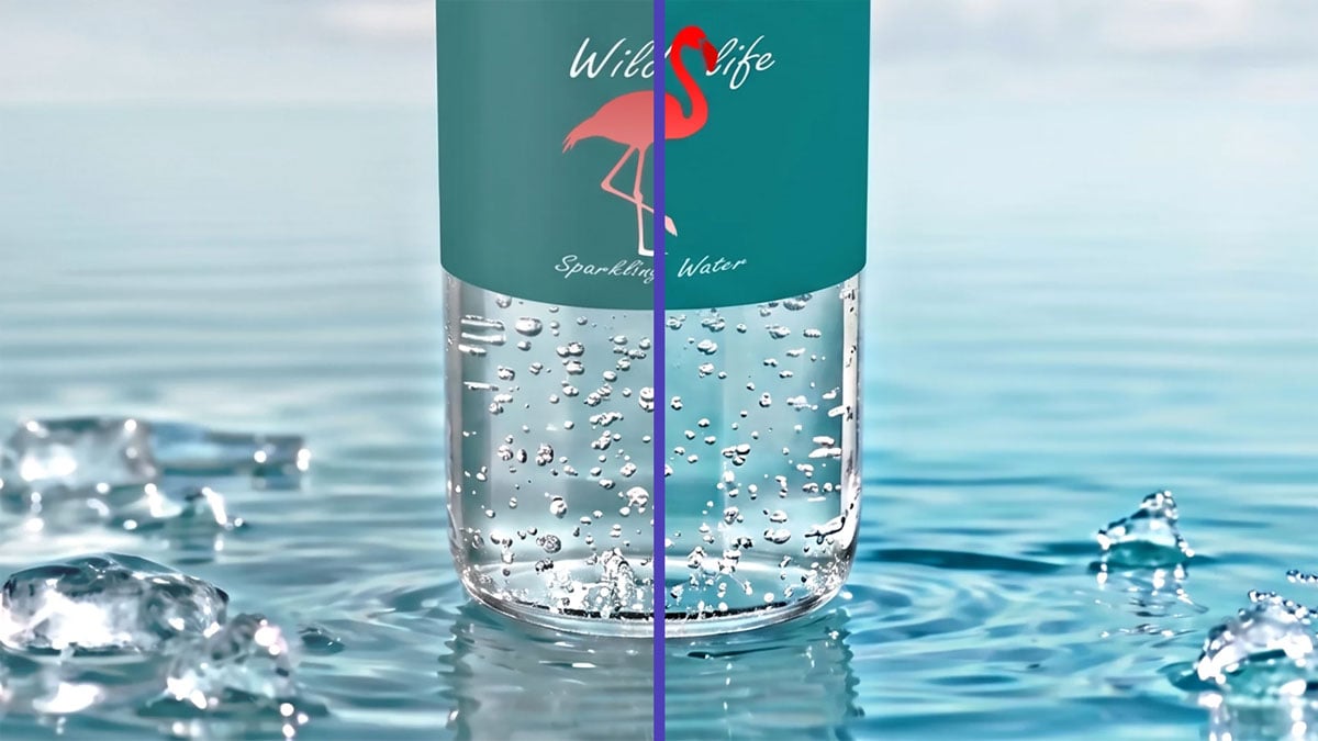 colour comparison image of a water bottle on top of water