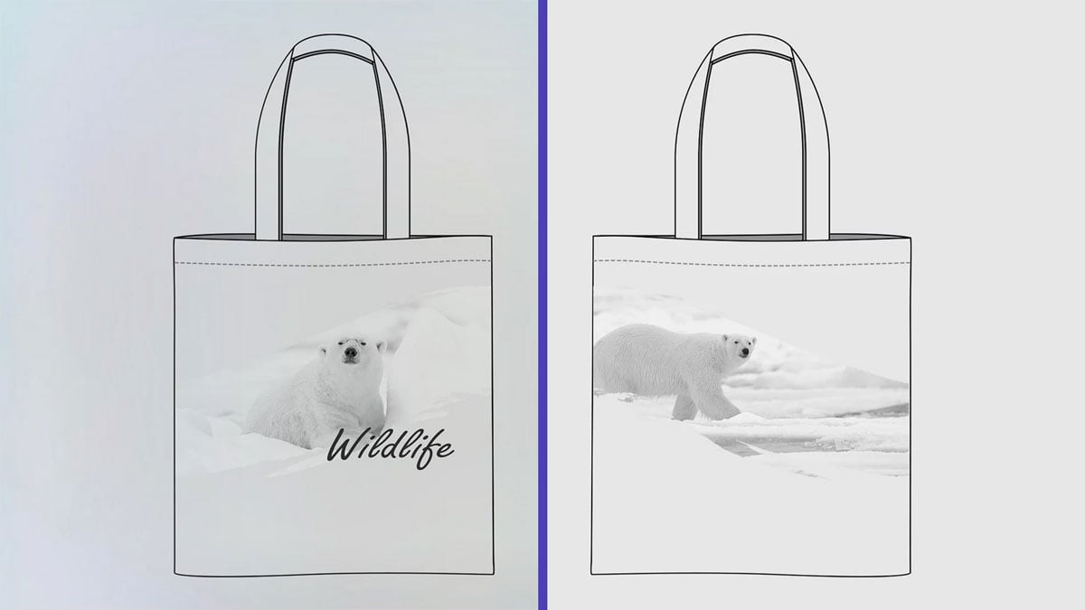 colour comparison image of tote bag designs with a polar bear on them