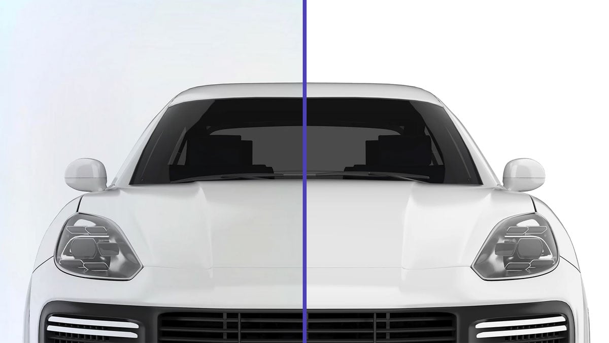 side by side colour uniformity comparison of a white car on a white background