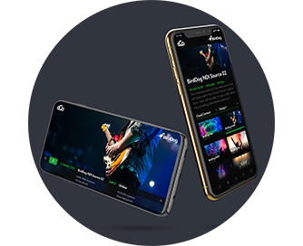 birddog play 4k ndi player app on two smart phones on a grey background