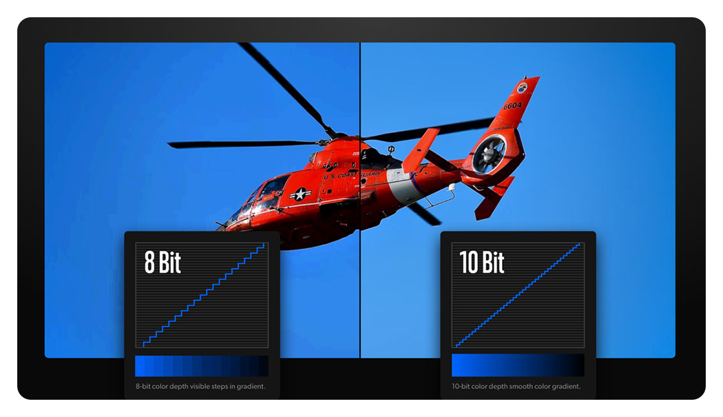 8 bit and 10 bit comparsion with an image of a helicopter