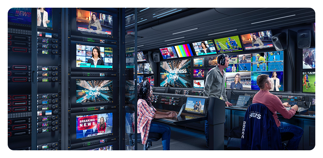 rack mounted blackmagic ip converters in a broadcast studio