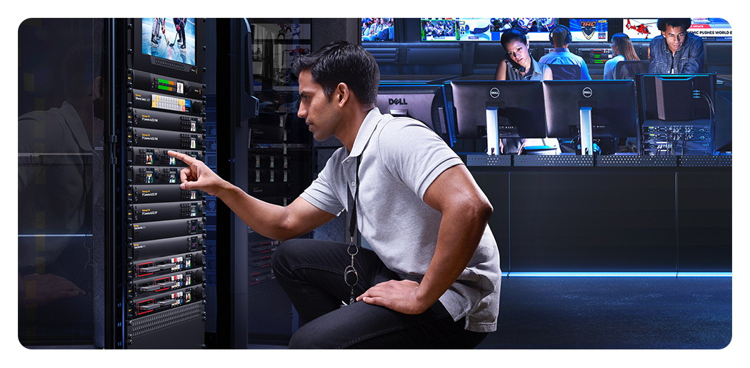 rack mounted blackmagic ip converters in a broadcast studio