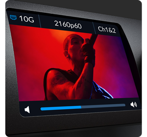 Close up image of audio monitor 12G G3 front panel LCD display