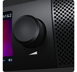 Close up image of audio monitor 12G G3 front panel volume knob