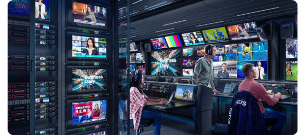 image of full broadcast TV production truck with lots of video screens