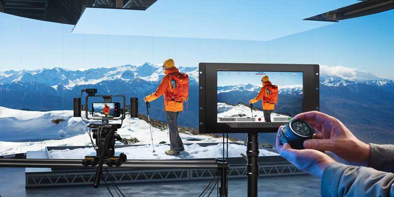 Virtual Production stage with actor in snow expedition gear