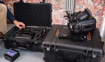 Blackmagic URSA Cine 12K LF sitting on top of custom Peli Case