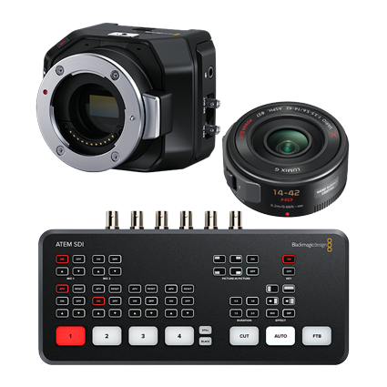 New Blackmagic Micro Studio Camera 4K G2 Live Production Camera Bundle with ATEM SDI and Lumix 14-42mm zoom lens bundle