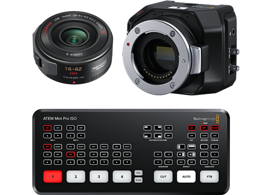 New Blackmagic Micro Studio Camera 4K G2 Live Production Camera Bundle with ATEM Mini Pro ISO and Lumix 14-42mm zoom lens bundle