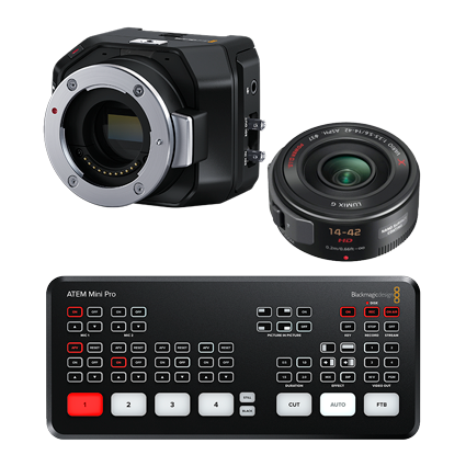 New Blackmagic Micro Studio Camera 4K G2 Live Production Camera Bundle with ATEM Mini Pro and Lumix 14-42mm zoom lens bundle