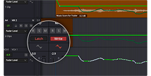 Fairlight per channel automation mode selection timeline window