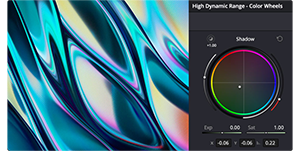 Fluid graphic preview image with DaVinci Resolve colour correction wheel 