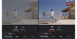 DaVinci Resolve Fusion video preview window showing side by side colour grade comparison