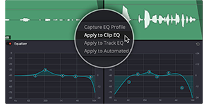 Fairlight EQ and level matching software window split screen in DaVinci Resolve