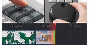 Close up image of DaVinci Resolve Speed Editor and video timeline