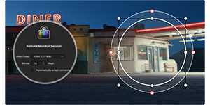 Footage preview of american diner at night with DaVinci Resolve Remote Monitoring window