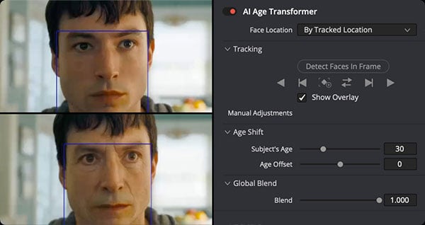 ezra miller having his face altered using the ai face age transformer within resolve 21