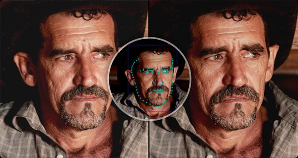 a portrait of a person with a mustache and hat, overlaid with a smaller, circular version of the same image in the center that shows the ai face reshaper