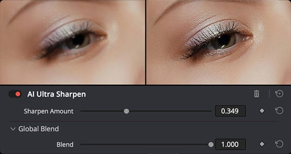 Ai ultra sharpen user interface focusing on a womans eye