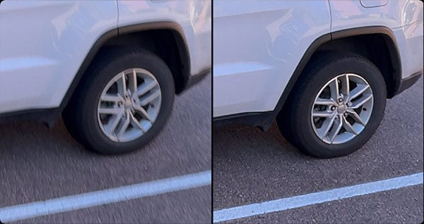 ai motion deblur comparison to original footage of a white cars rear wheel