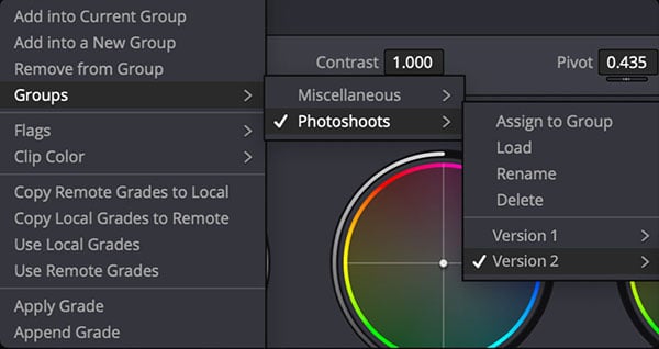 colour grading groups user interface
