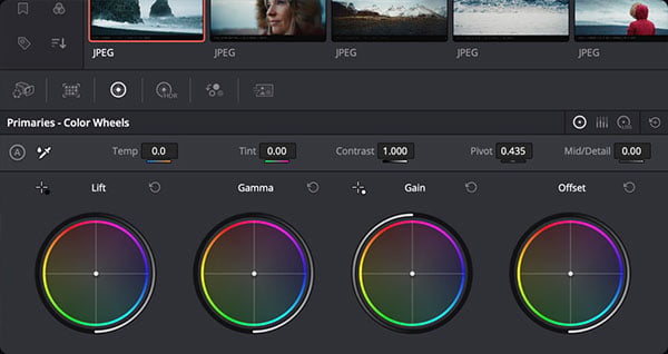 davinci colour tools interface