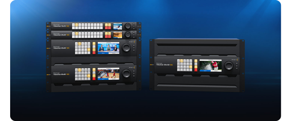 Blackmagic Videohub 12G models standing on blue background