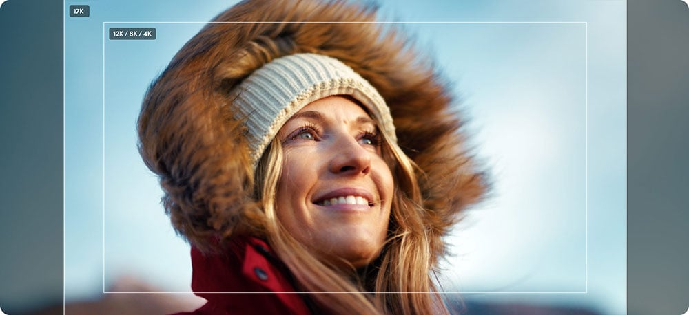 an image of a woman wearing a red jacket with a faux-fur trim hood and a knitted beanie showing aspect ratio comparison