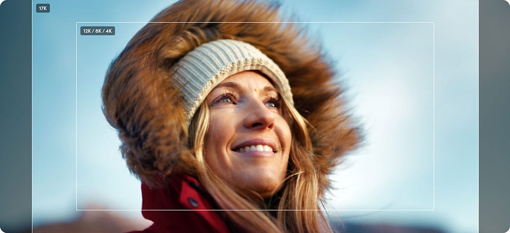 an image of a woman wearing a red jacket with a faux-fur trim hood and a knitted beanie showing aspect ratio comparison