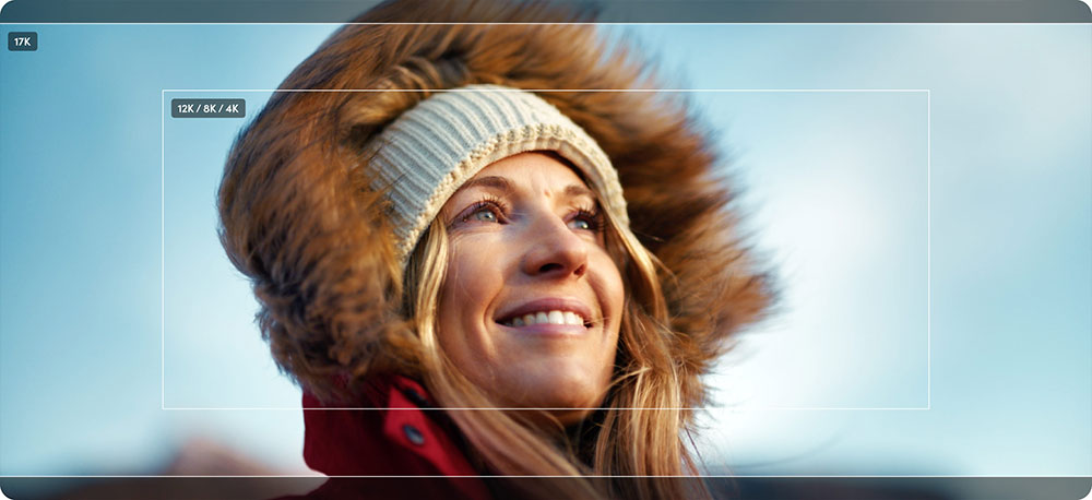 an image of a woman wearing a red jacket with a faux-fur trim hood and a knitted beanie showing aspect ratio comparison