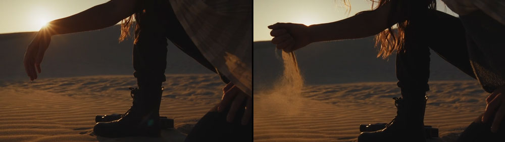 someone holding sand in 2 different shots using different frame rates
