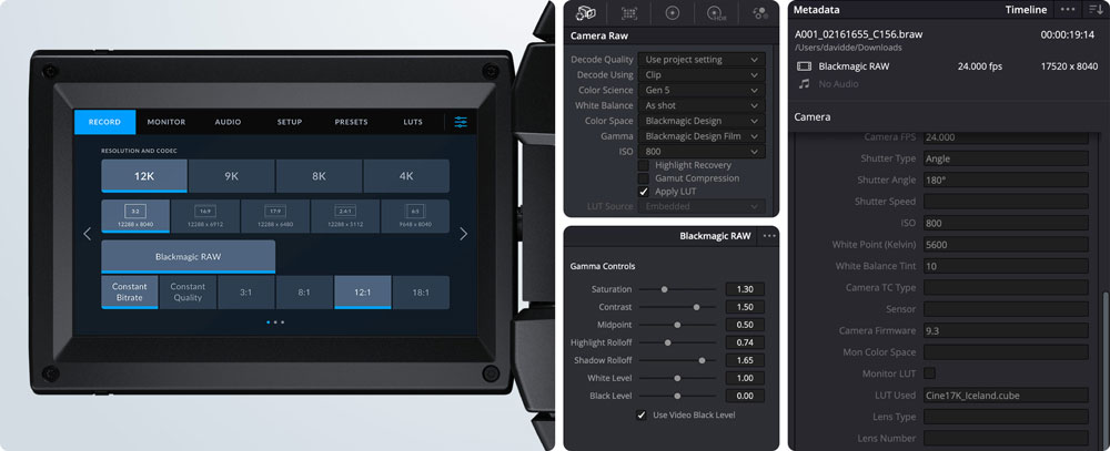 blackmagic ursa cine fold out monitor and settings for recording blackmagic RAW