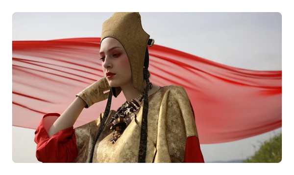 image of a woman in front of a red flag taken with the canon lens