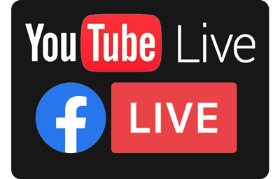 Youtube Live and Facebook Live logos on a black rounded rectangle