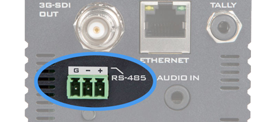 rear of BC-50 with a blue circle highlighting the built-in RS-485 connector