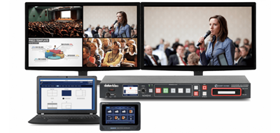 two monitors with different camera feeds displayed with a laptop, datavideo icast 10ndi and tpc-700 sat infront of them