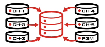 graphic of 5 video channels and pgm being fed into red recording drives