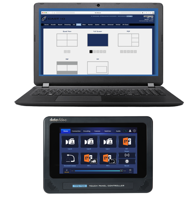 laptop displaying datavideo webui and a datavideo TPC-700 controller