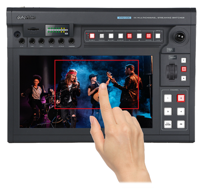 someone using gesture controls on the datavideo touch screen switcher