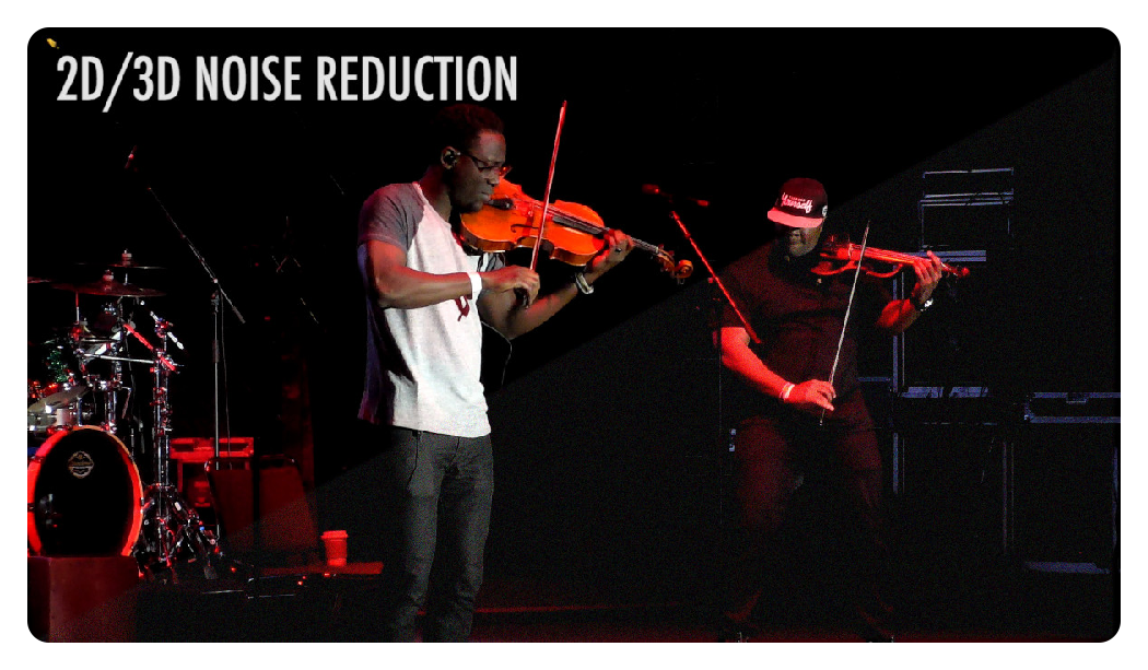 example of noise reduction showing 2 artists playing violins on stage, Datavideo PTC-140 HD PTZ Camera White