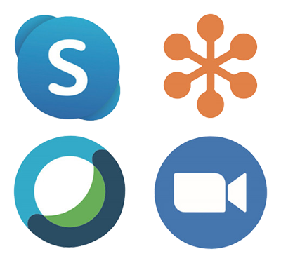 Skype, GoToMeeting, WebEx, Zoom logos