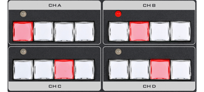 Top down view of the programmable preset buttons with some illuminated with red indicator lights to show their status