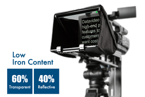 Datavideo TP-300 Mk II Teleprompter mounted in front of camera lens on tripod